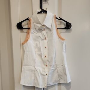 Brunello Cucinelli White Sleeveless Button-Front Shirt with Peach Trim Small